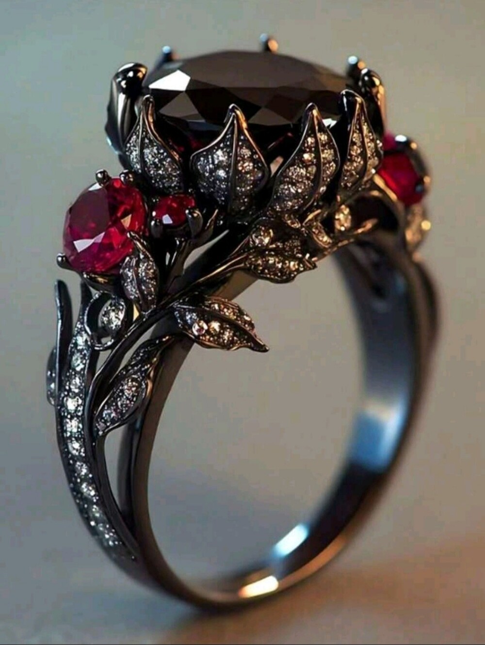 Gothic Black Floral Ring Red Zirconia Gem Accents Goth Vampire Dark Jewelry, 8